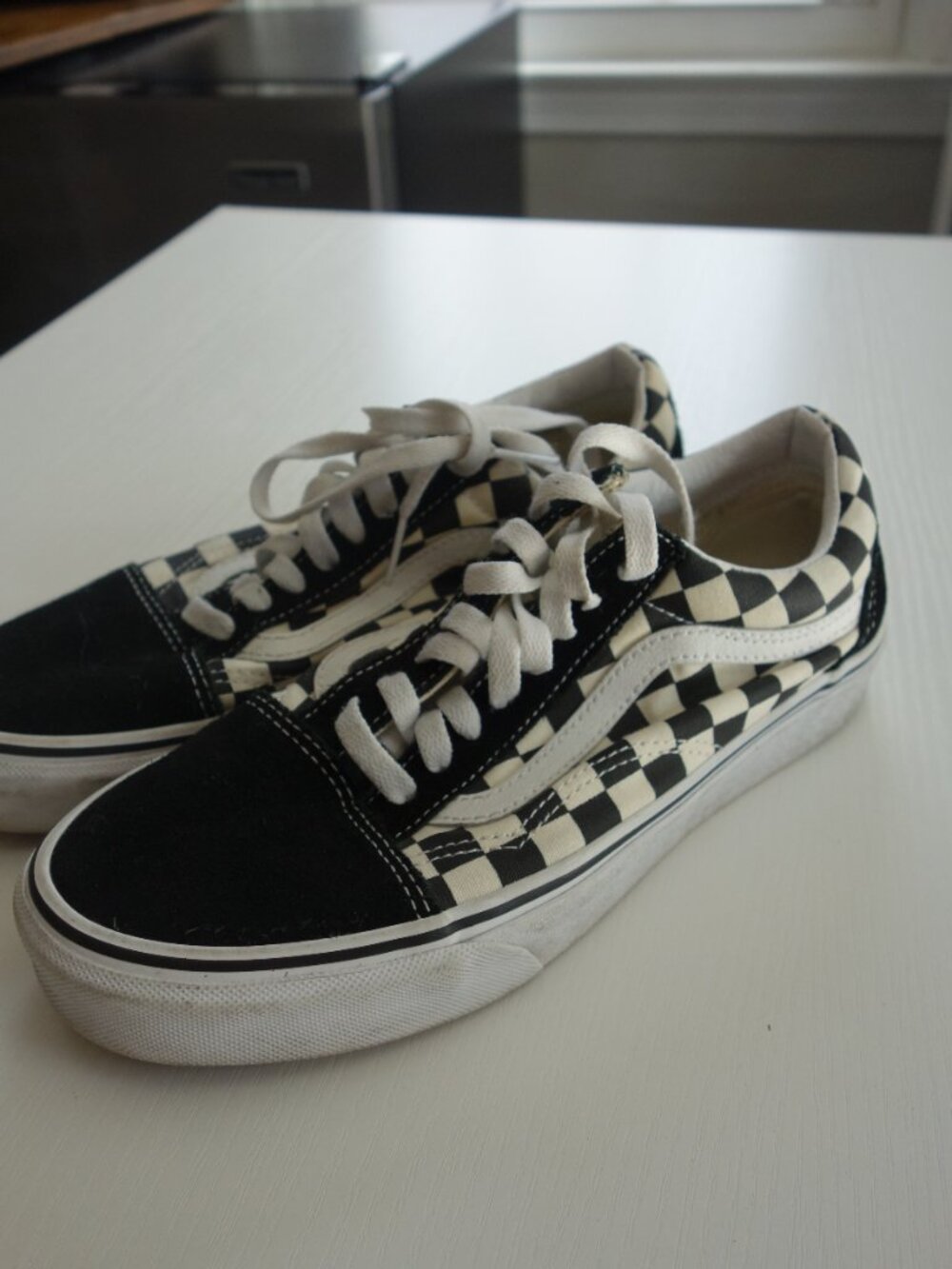Vans Black White Checkerboard White Stripe Low-Top Men's Size 6.5
